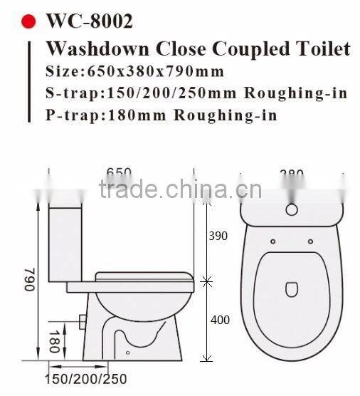 Two-Piece Washdown Watermark Toilet S/P Trap with GEBERIT or R&T Fitting Soft Cover, Australian Standard WELS WC-6002