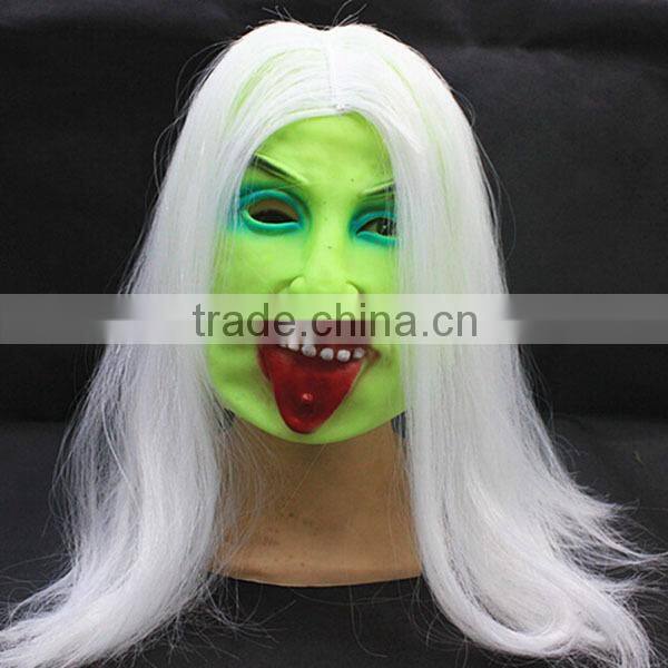 Best selling green halloween latex mask Luminous long hair latex ghost mask sale scary mask latex