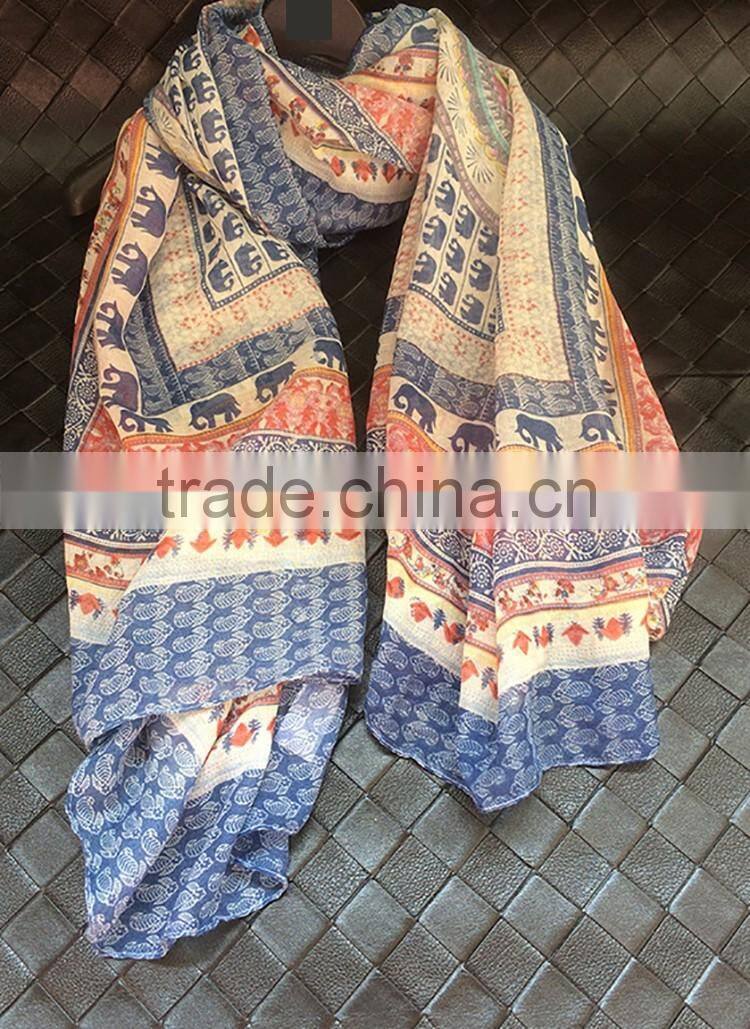 2016 Newest Vintage Blue Small Elephant Printed Women Cotton Scarf with Tassels