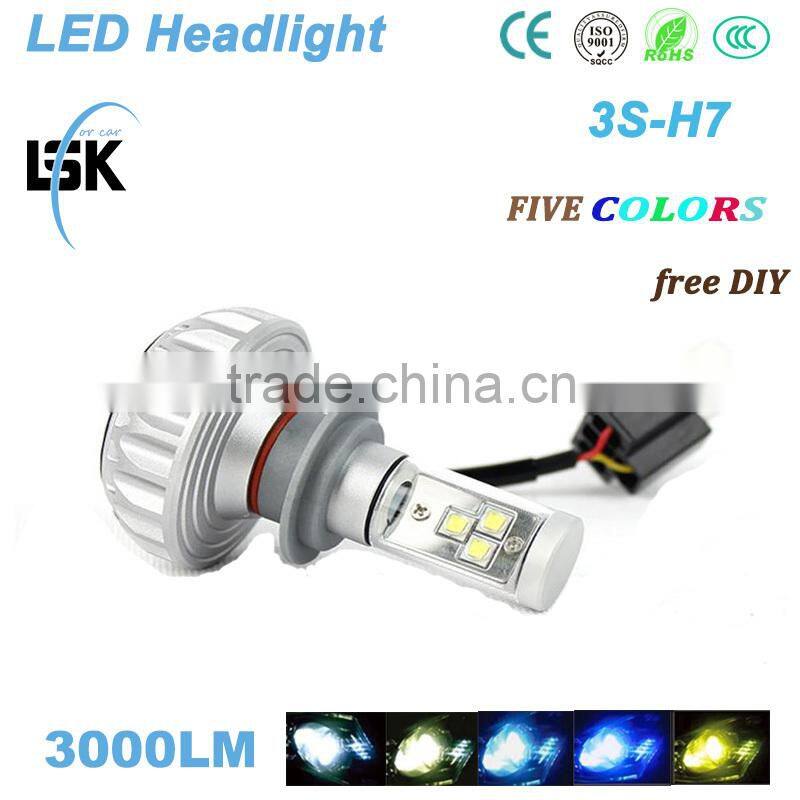 Newest high brightness light12v 24v H7 car headlight 3000lm for motorcycle, 3s led head bulbs with five colors changeable