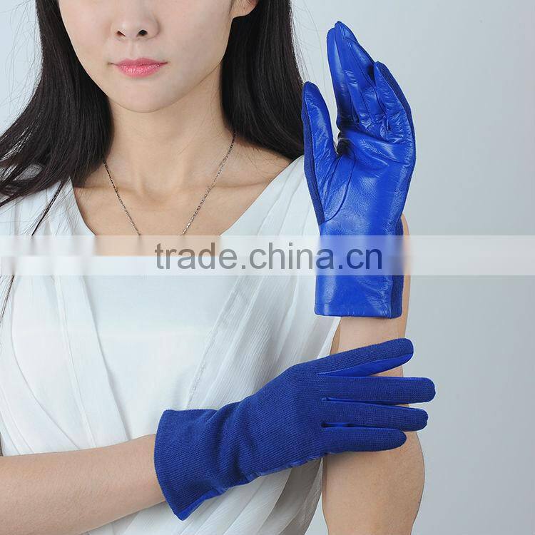 New Spring Collection Blue Wool Glove with Leather on Palm