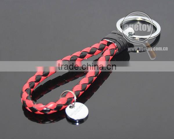 Hot Sale Manual Hand Braided Rope Silver Zinc Alloy Metal Round Tag Braided Leather Cord Black Red Leather Straps Braid Keychain
