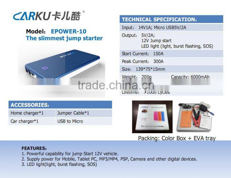 Hot selling 6000mAh thin 200g 12V portable mini car emergency jump starter with light