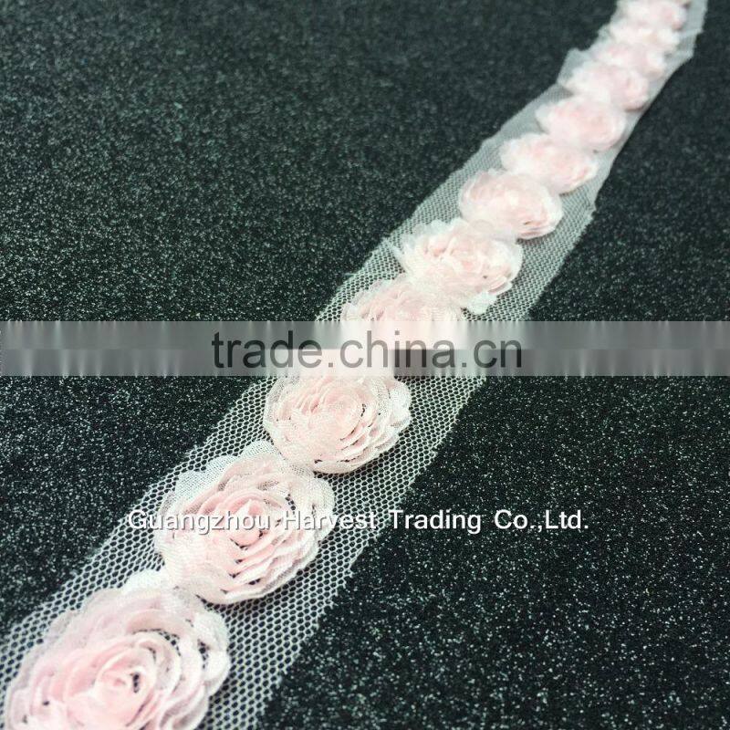 Lovely Pearl Chiffon Flower Lace,Flower Trimming On Tulle For Children Clothing