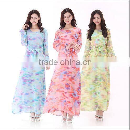 2015 Fahion Long Sleeve Chiffon Kaftan Abya Dresses