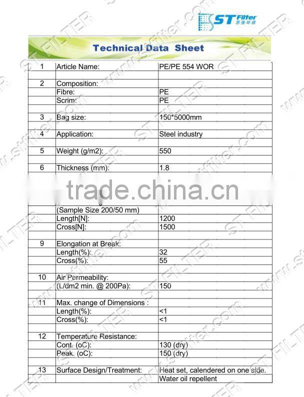 dacron dust 500 micron filter bag,water oil repellent filter bag for steel industry dia 150x5000mm