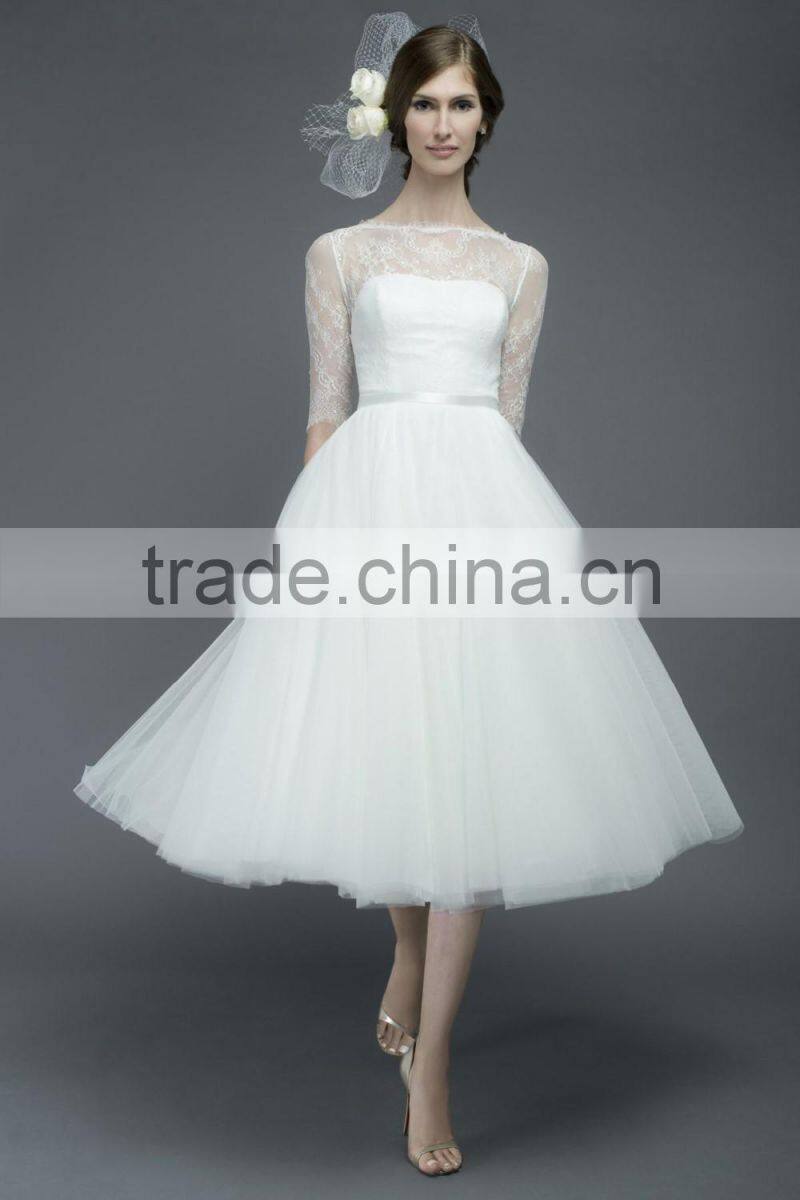 (MY2503) MARRY YOU 2016 Short Wedding Dress Half Sleeve V Back Bodice Elgant Lace Tea Length Wedding Dresses