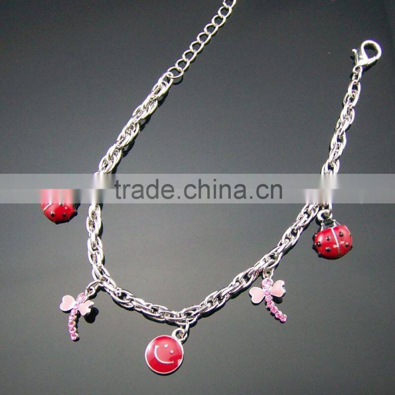 Cockchafer, dragonfly, smiling face charm stainless steel chain bracelet
