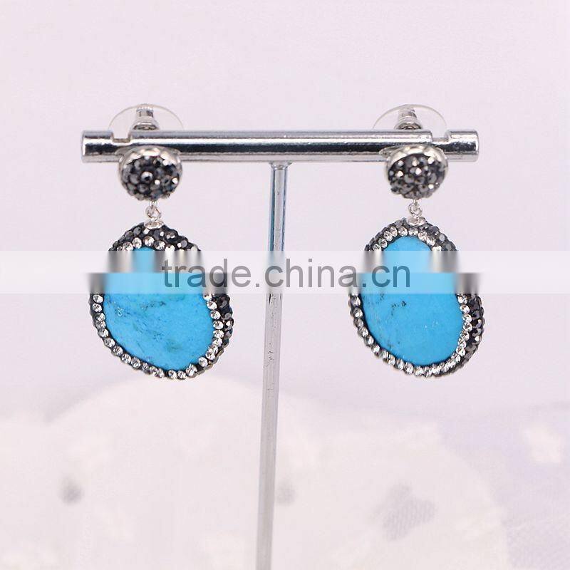 Natural Turquoise Agate Amethyst Gem Stone Earring, Free Form shape Pave Crystal Jewelry Stud Druzy Earrings