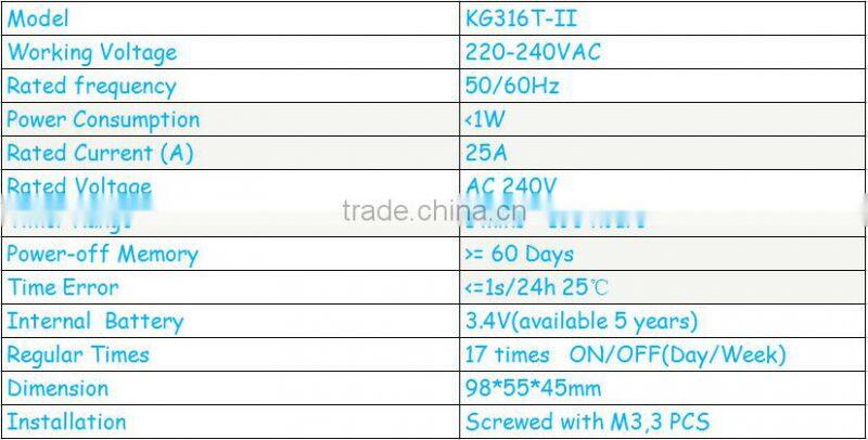 LCD 25A 250VAC timer digital Switch KG316T with Battery