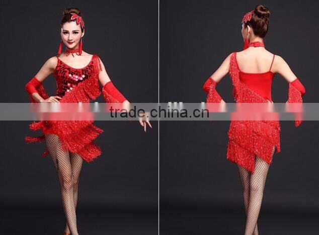 Performance Lady Stage Blue Sequin Tassel Latin Dance Costumes Adult