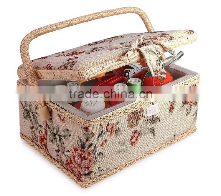 Large Wooden Sewing Tool Basket w/ Accessories