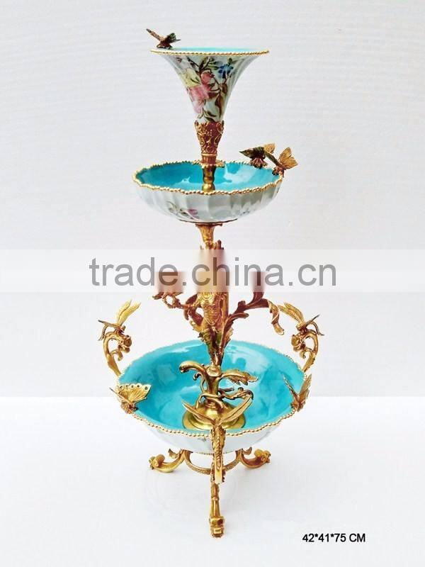 Floral Painting Multilayer Porcelain Fruit Bowl With Bronze Angel Support, Blue & White Porcelain With Brass Compote