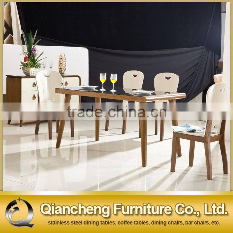 Cheap price black tempered glass wooden dining table