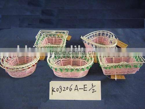 Pink paper rope and pearl woven iron wire shallow plate gift basket