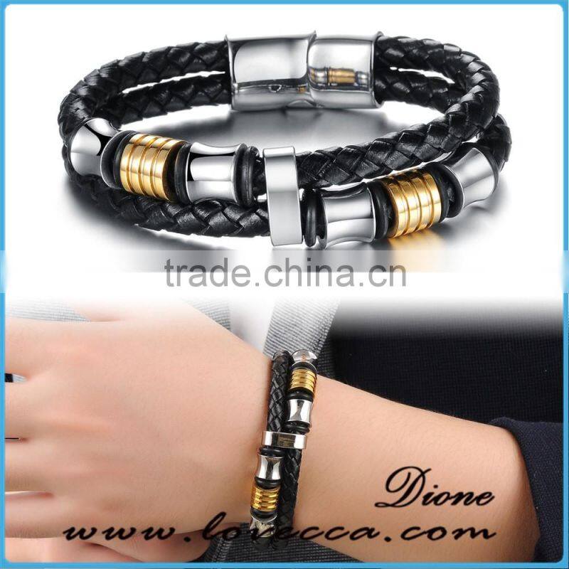 Silver Plated Stainless Steel Charms with Black Leather for Men Magnetic Bracelet
