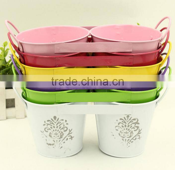 Connected double colourful cartoon style metal flower bucket /planter/pot with handle