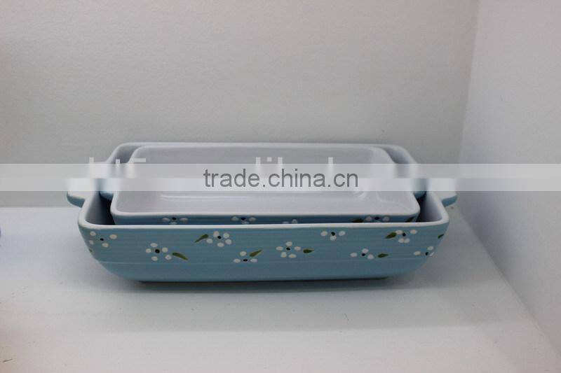 hand painting flower design ceramic blue bakeware