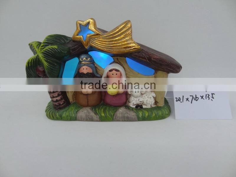 Antique ceramic nativity house scene figurines set with led lights