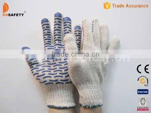 Natural Polycotton String Knit Blue PVC Water Wave Coating Gloves