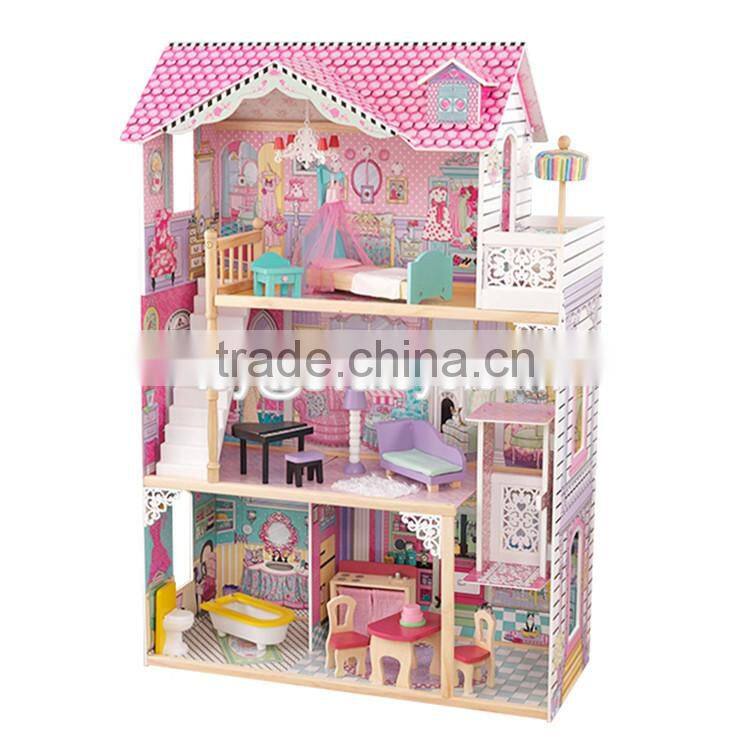 New design luxurious and attractive 34 furniture pieces girls wooden doll house toys W06A217