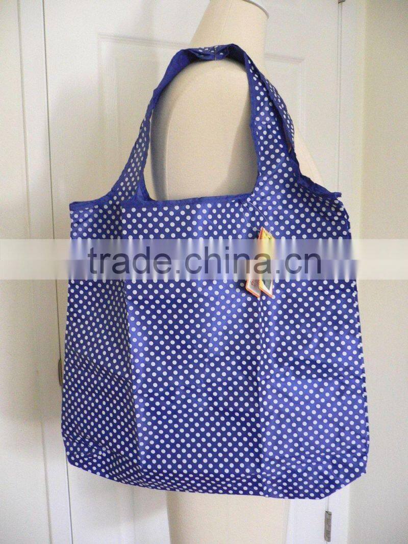 BLUE White Polka Dots Large Reusable Shopping Bag Wide Handles Eco-friendly tote bags