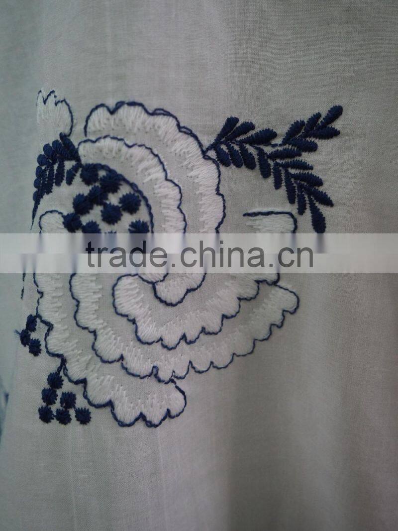 Floral Hand Embroidery Designs Round Collar Short Sleeve with Front Pocket Blouse Tunic Dress