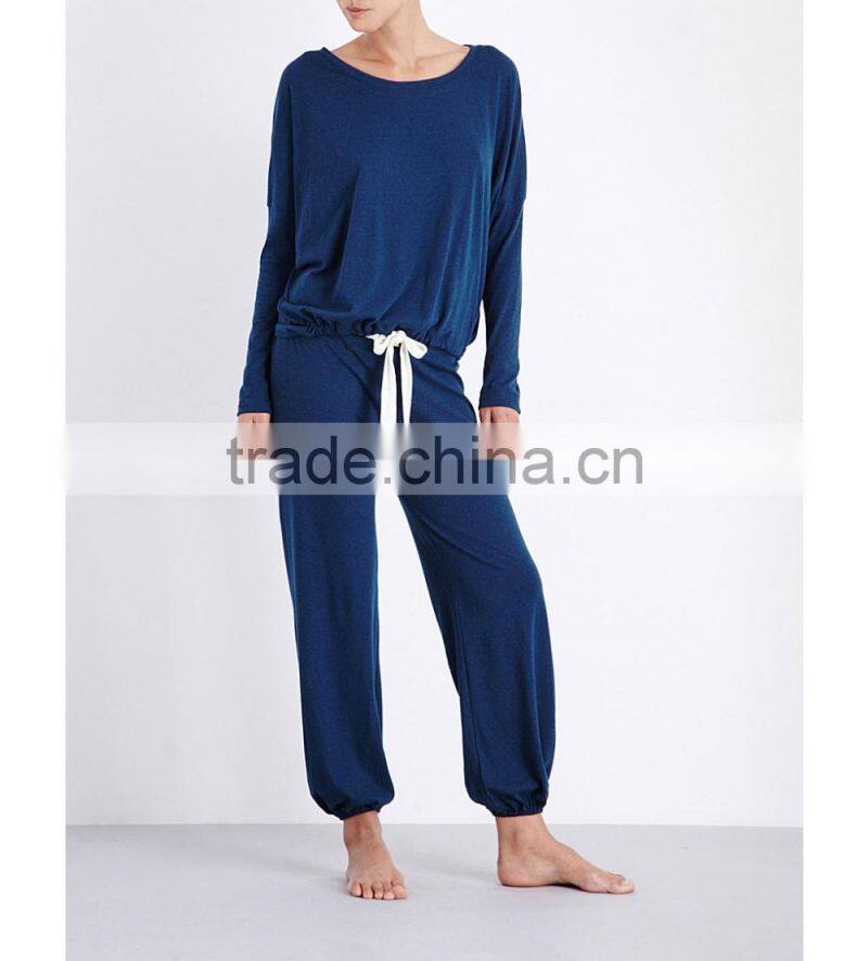 Wholesale Women Relaxed Scoop Neck Dropped Shoulders Long Sleeves Jersey Pyjama Blouse(DQE0160T)