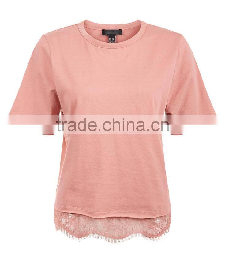 Latest model china t shirt factory blank design tshirt with lace trim hem