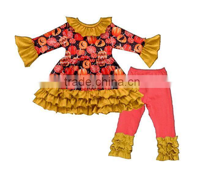 Wholesale fall winter print halloween clothing triple ruffle baby clothes clothing set
