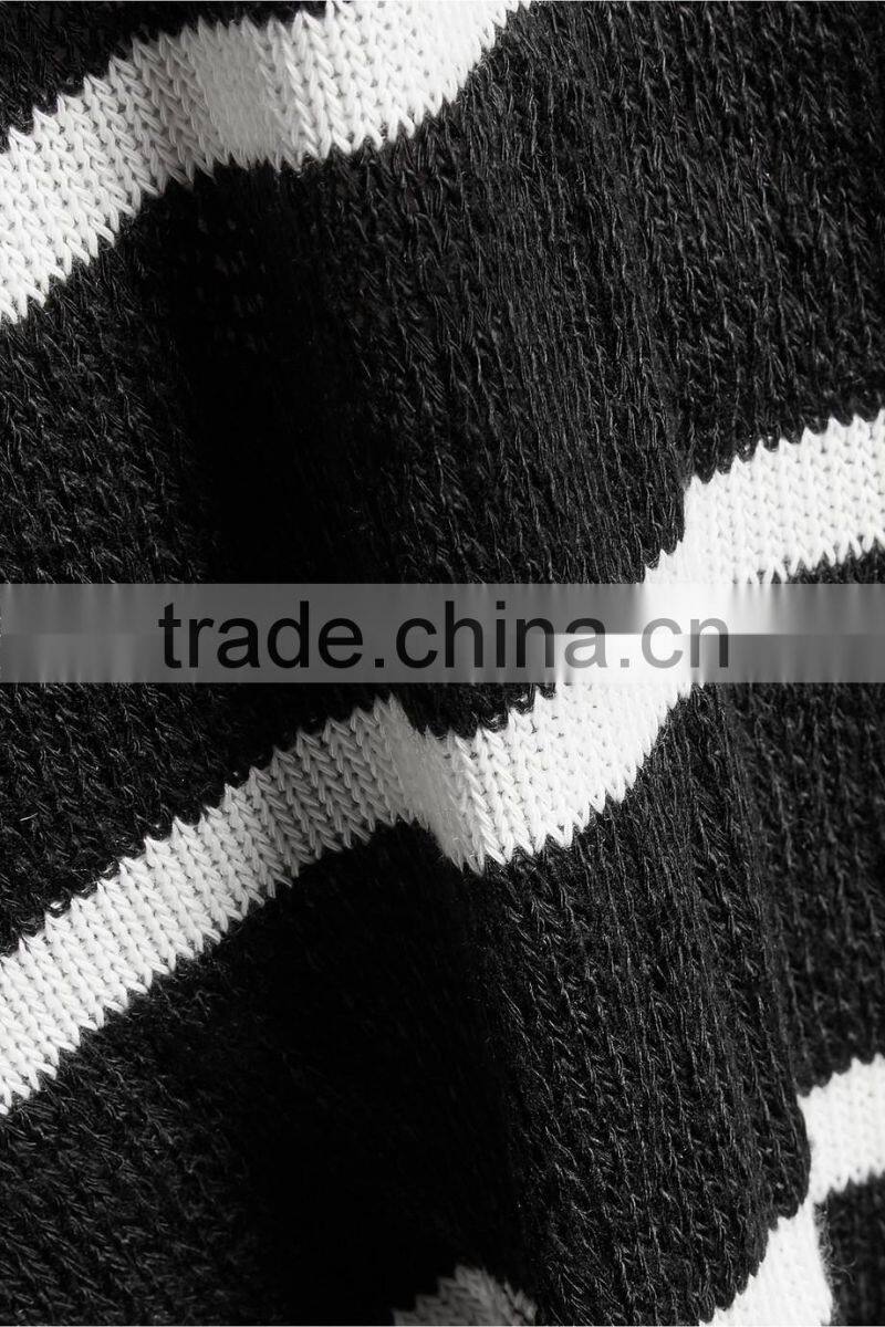 Fashionable V-neck White and Black Strips Pattern Knitwear with Asymmetric Hem and Ribbed Trim