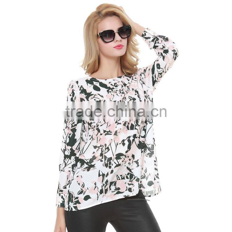 Women's autumn new style back split ink printing leaves pattern long sleeve chiffon shirt