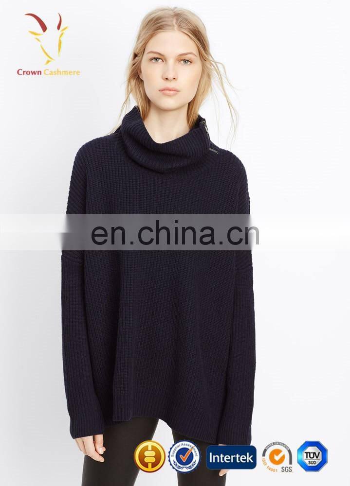 Oversized turtleneck pullover cashmere with side zipper for lady