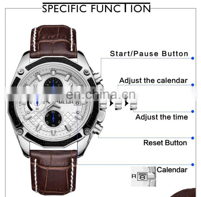 MEGIR 2015 Men Leather Strap Analog Chronograph Calendar Wrist Watch Military Sport Men Wristwatch