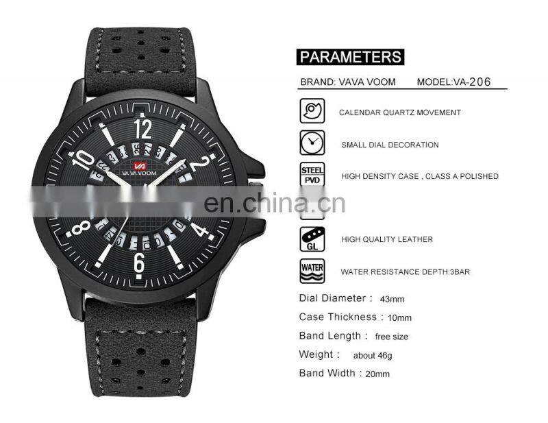 VaVa Voom VA-206 Casual Mens Quartz Watches Calendar Waterproof Fashion Leather Man Watch Wrist