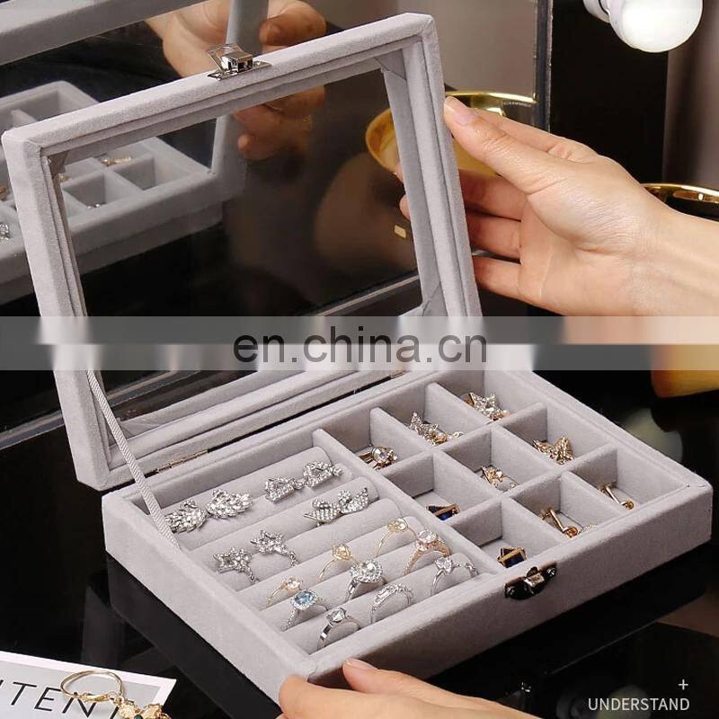 Velvet Glass Ring Earring Jewelry Display Organizer Box Tray Holder Storage Case