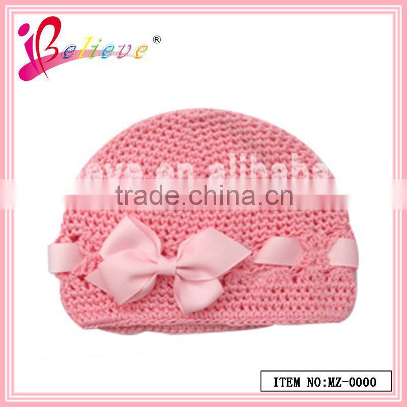 Lovely baby products wholesale ribbon bow ornament soft material flat bill wool knit winter beanie hat (MZ--0027)