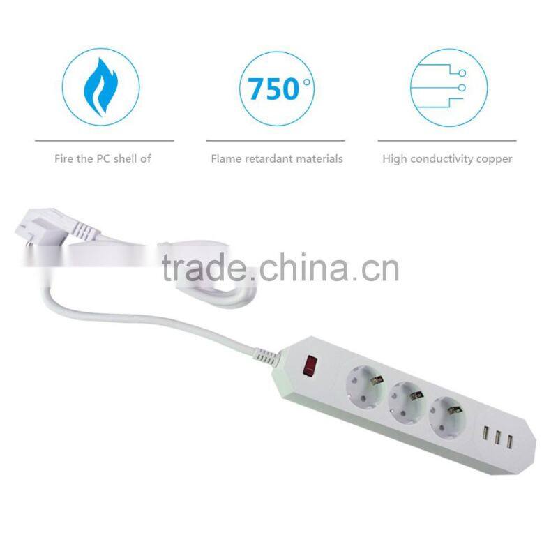 Euro German 3 way power plug socket 3 port usb 100v-250v 16a cable voltage surges protected