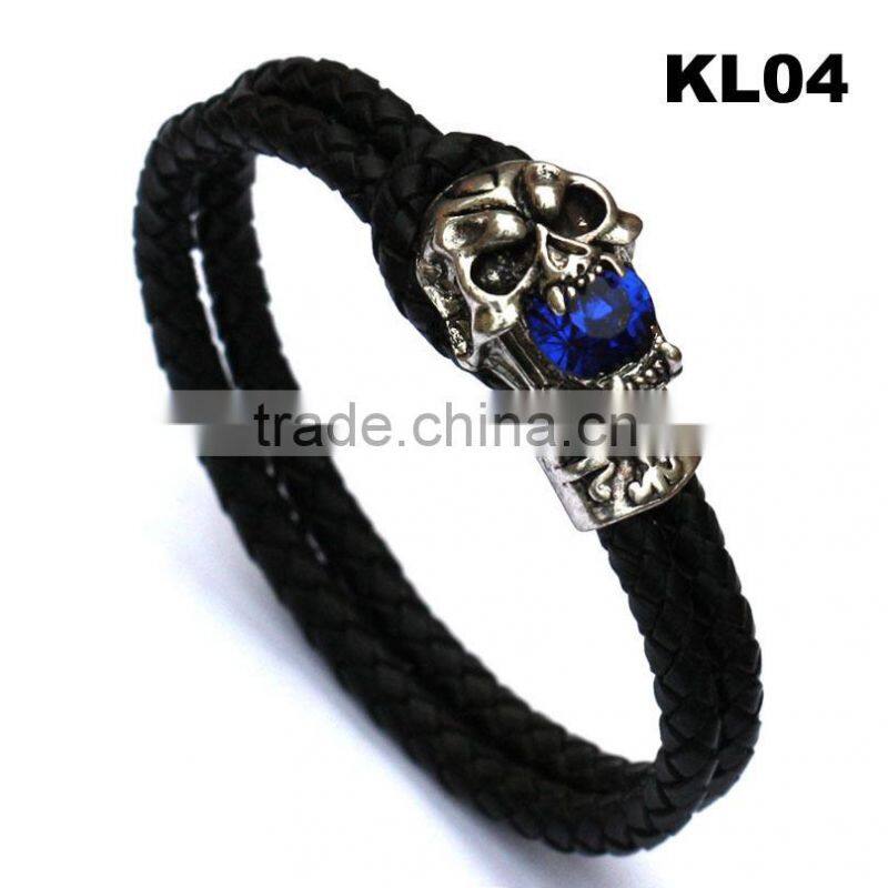 Black Leather Braided Wristband Tibetan Silver Clasp Men Punk Skull Bracelet