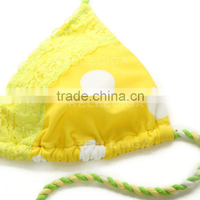 RELLECIGA Triangle Bikini Swimwear - Hot Dots + Neon Yellow Lace Top with Scrunch Bottom