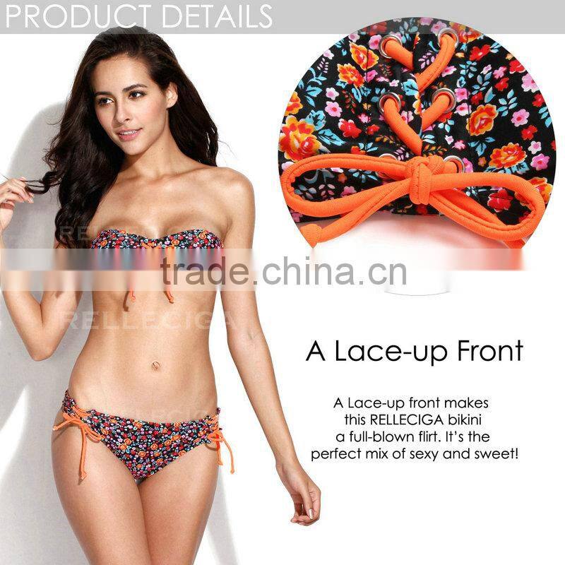 2016 RELLECIGA - Orange Dream FloralSwimwear with Lace-up Front &Brazilian Cut Scrunch Butt