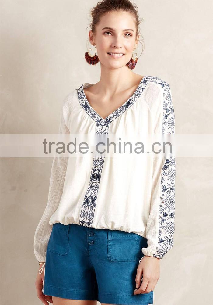 Custom manufacturer women clothes v neck embroidered full sleeves blouse designs