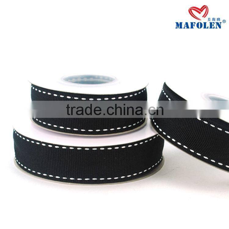 Solid color wholesale 7/8 black ribbon with white stitched grosgrain ribbon