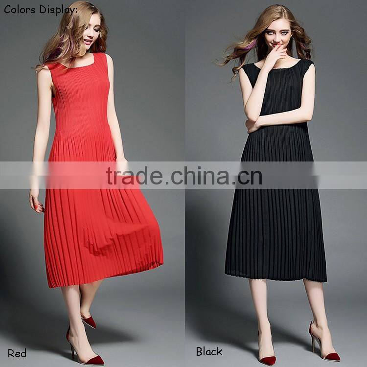 2016 Summer Fashion High Quality Long One Piece Dress Lady Pleated Sleeveless Red Black Maxi Dresses For Women Ladies