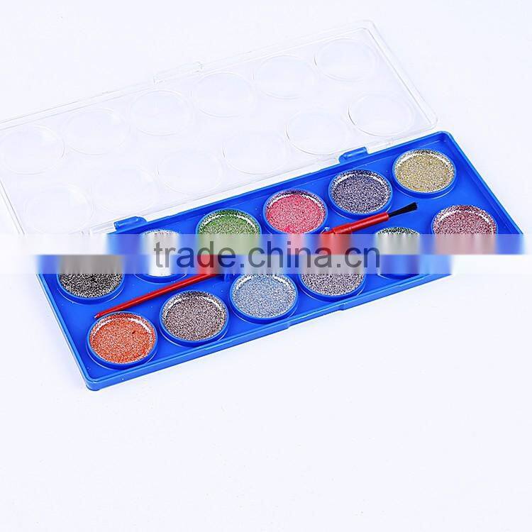 Professional 12 colors dry glitter water color cakes in color box,solid powder for watercolor painting