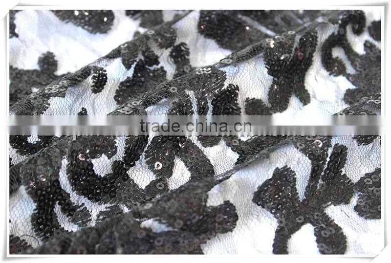 New design round eye net fabric with embroidery sequin, black sequin flower tulle fabric for wedding dress