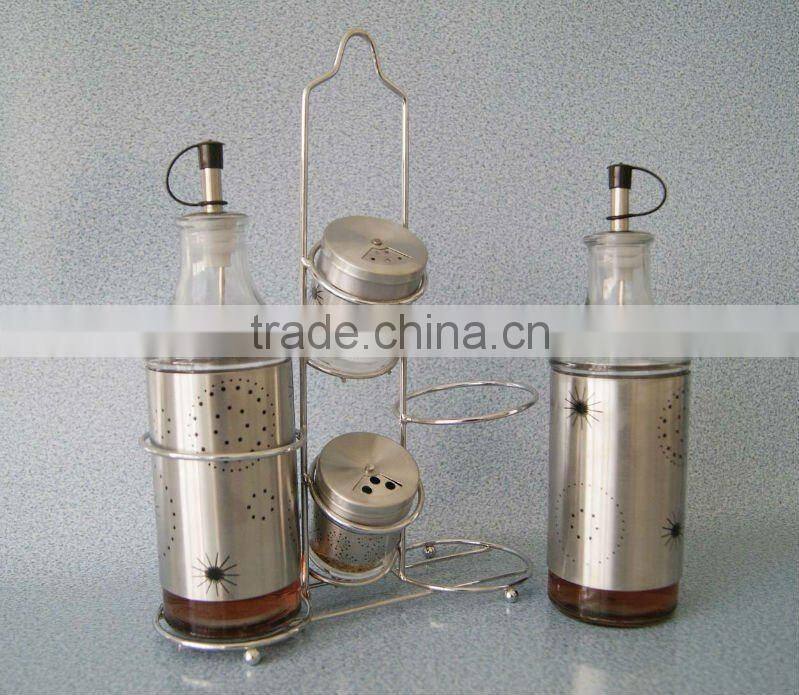 shining stainless steel coated glass cruet with metal rack