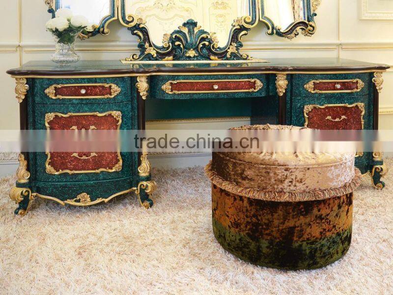Neo-Classic French Style Peacock Green Bedroom Furniture Wooden Carving Dressing Table/ Antique Palace Dresser Makeup Table