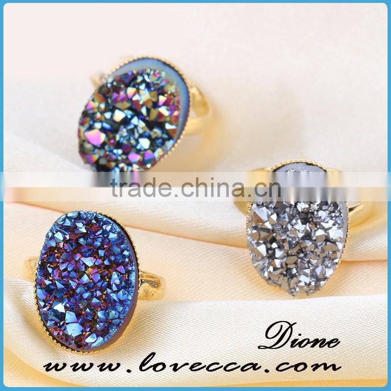 Gold plated Adjustable Round Natural White Druzy Silver Ring