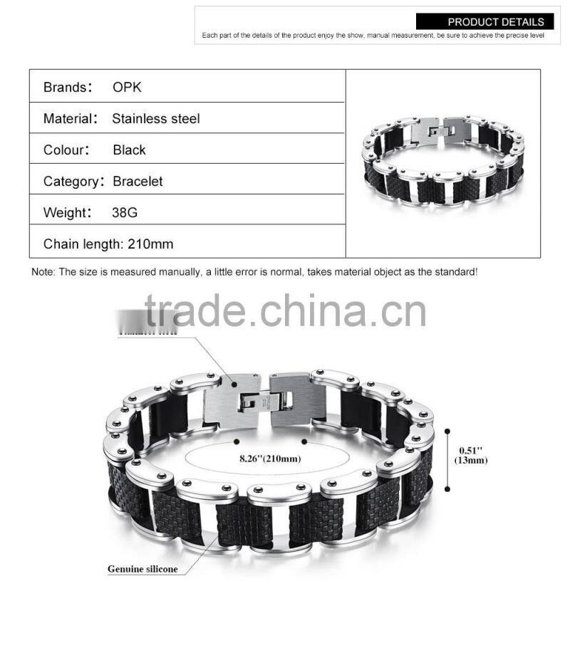 Modern sleek silicone mens bracelet 316L stainless steel motocycle biker bicycle chain link bracelets